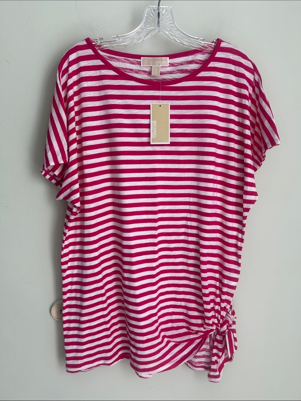 Michael Kors Pink and White Striped Side-Knot Tee